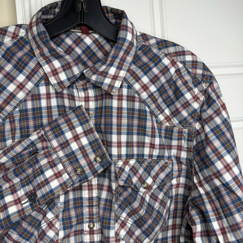 7 For All Mankind Western Shirt Men's Medium Plaid Pearl Snap Y2K Grunge BOHO